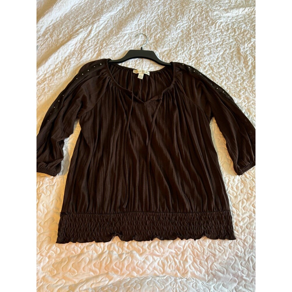 French Laundry brown drawstring crop sleeve blouse size large
